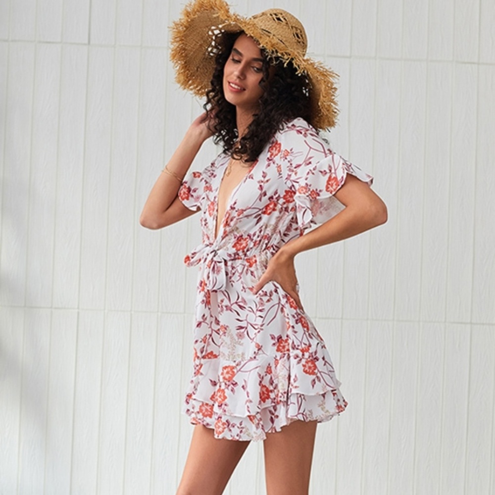 Peplon Floral Print Low Cut Mini Dress/cover up